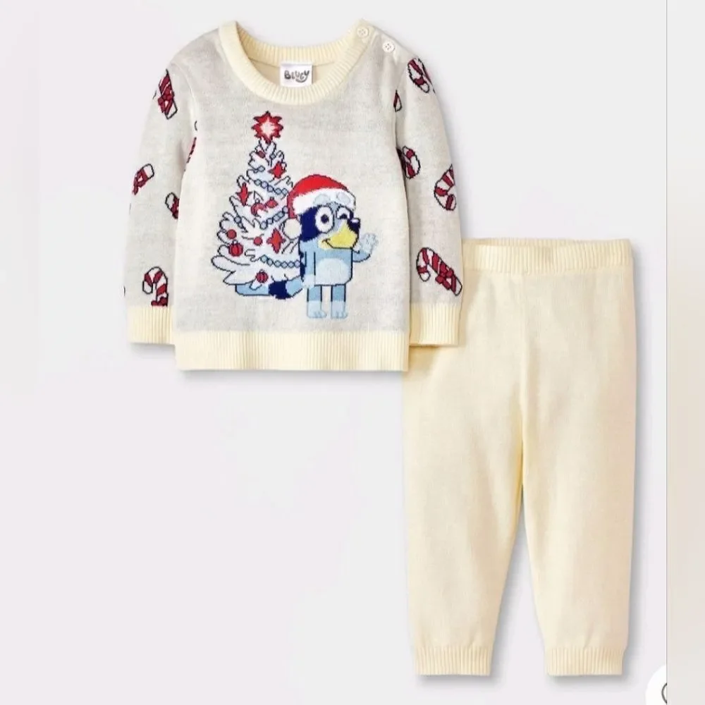 NWT Baby Bluey Christmas Holiday 2pc Sweater Top & Bottom Knit Set